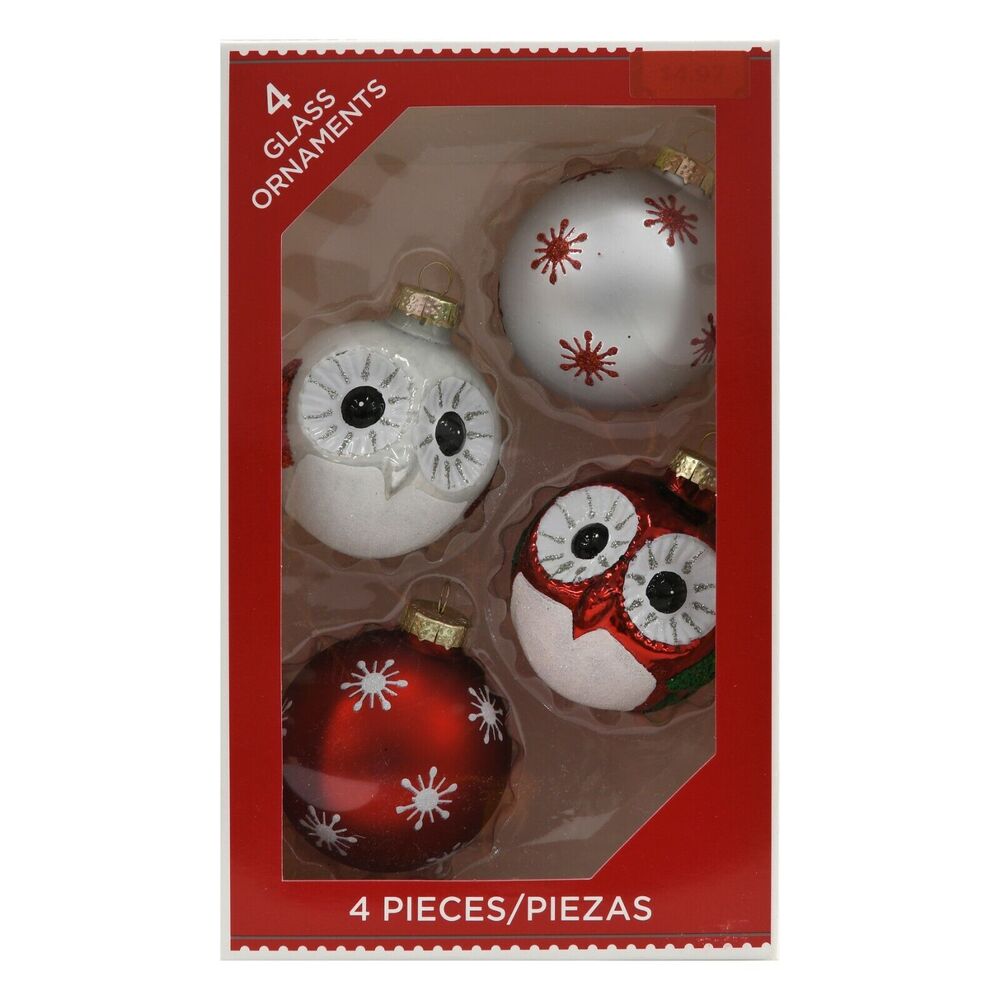 New Holiday Time Red 2.25" Owl Glass Ornaments Snowflake Set of 4